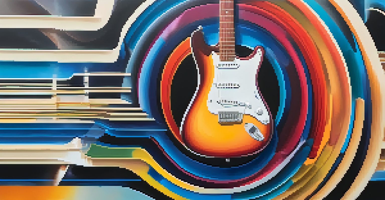 An abstract illustration of sound waves from a guitar, representing various music genres with vibrant colors.