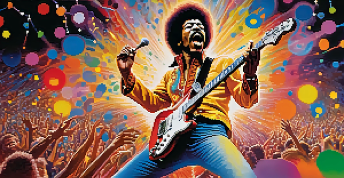 Jimi Hendrix performing on stage with bright lights and sound waves, surrounded by an enthusiastic audience.
