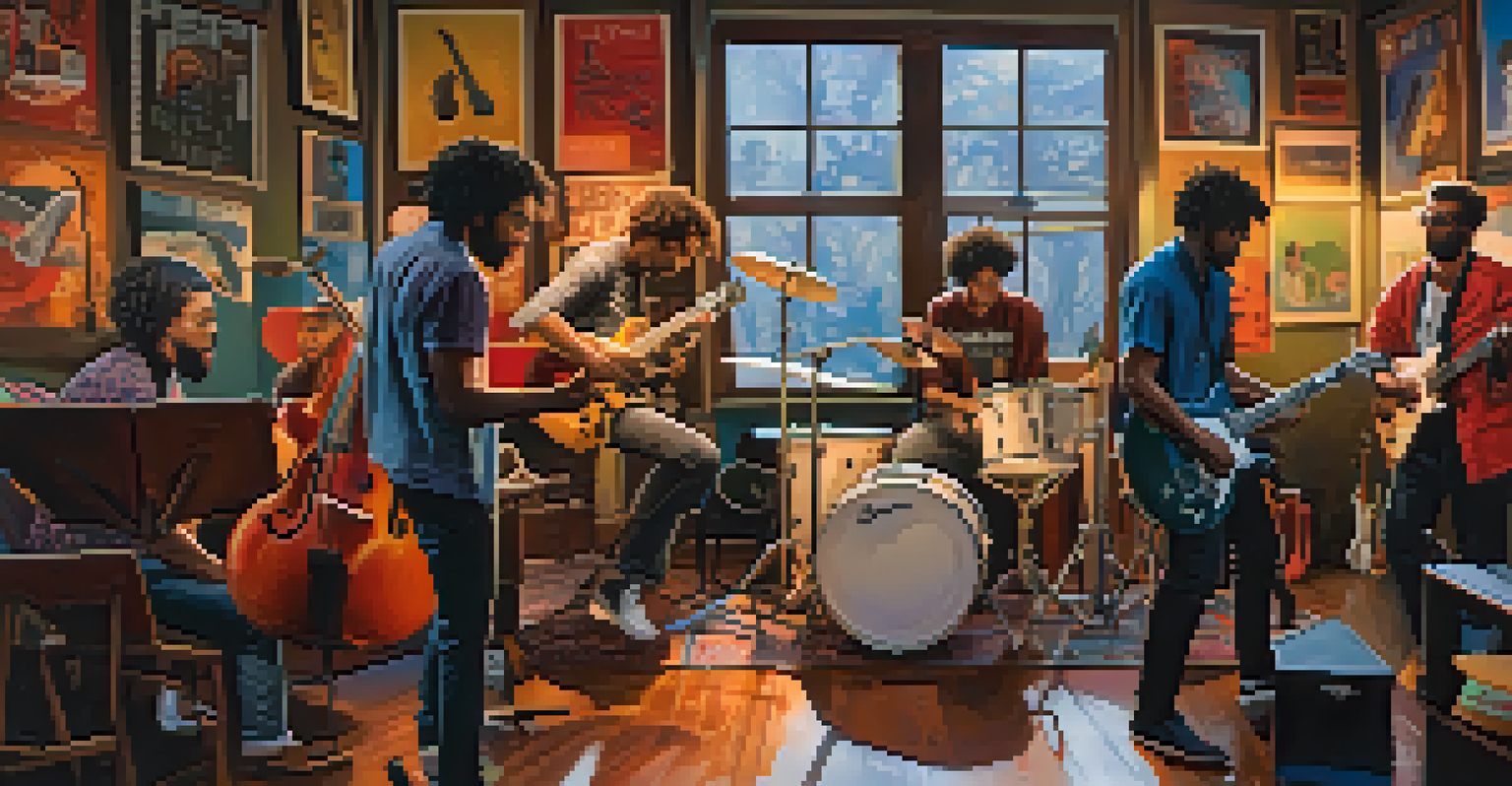A group of musicians jamming together in a cozy room filled with band posters.