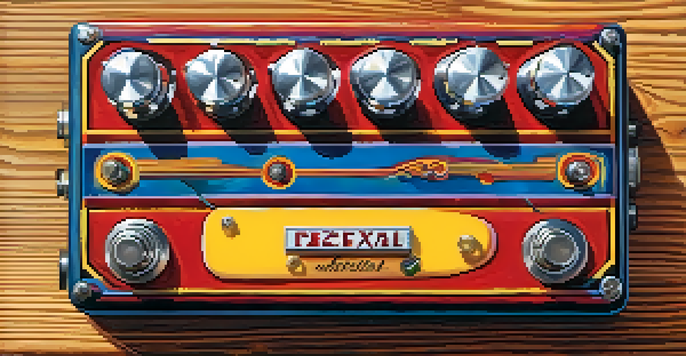 A close-up view of a colorful distortion pedal on a wooden surface, showcasing its knobs and switches with vibrant colors and soft shadows.