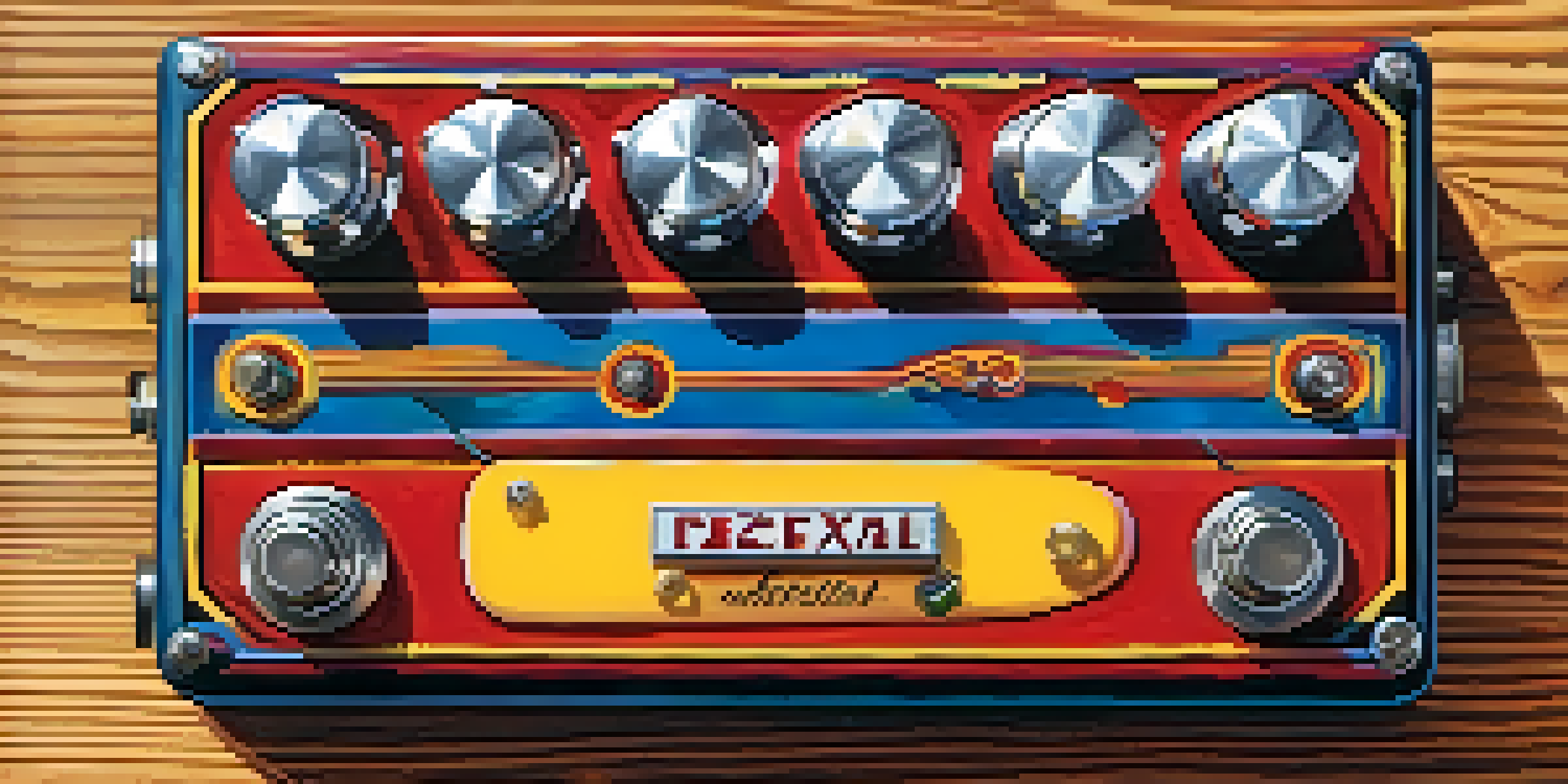 A close-up view of a colorful distortion pedal on a wooden surface, showcasing its knobs and switches with vibrant colors and soft shadows.
