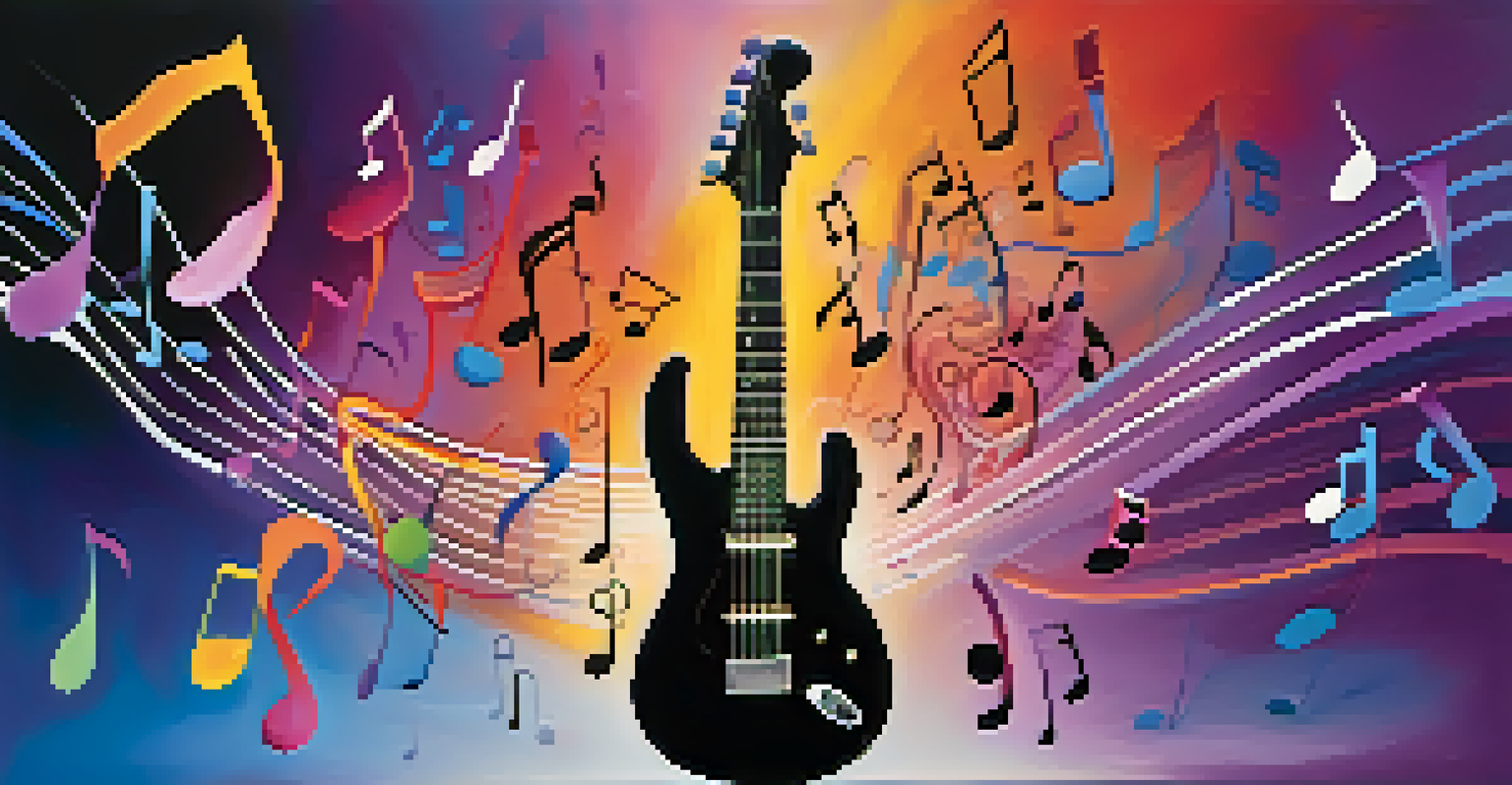 An artistic depiction of musical notes swirling around a guitar against a colorful gradient background, representing creativity and emotions.
