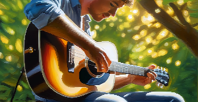 A close-up of a guitarist's hands playing a guitar in a sunlit green park.