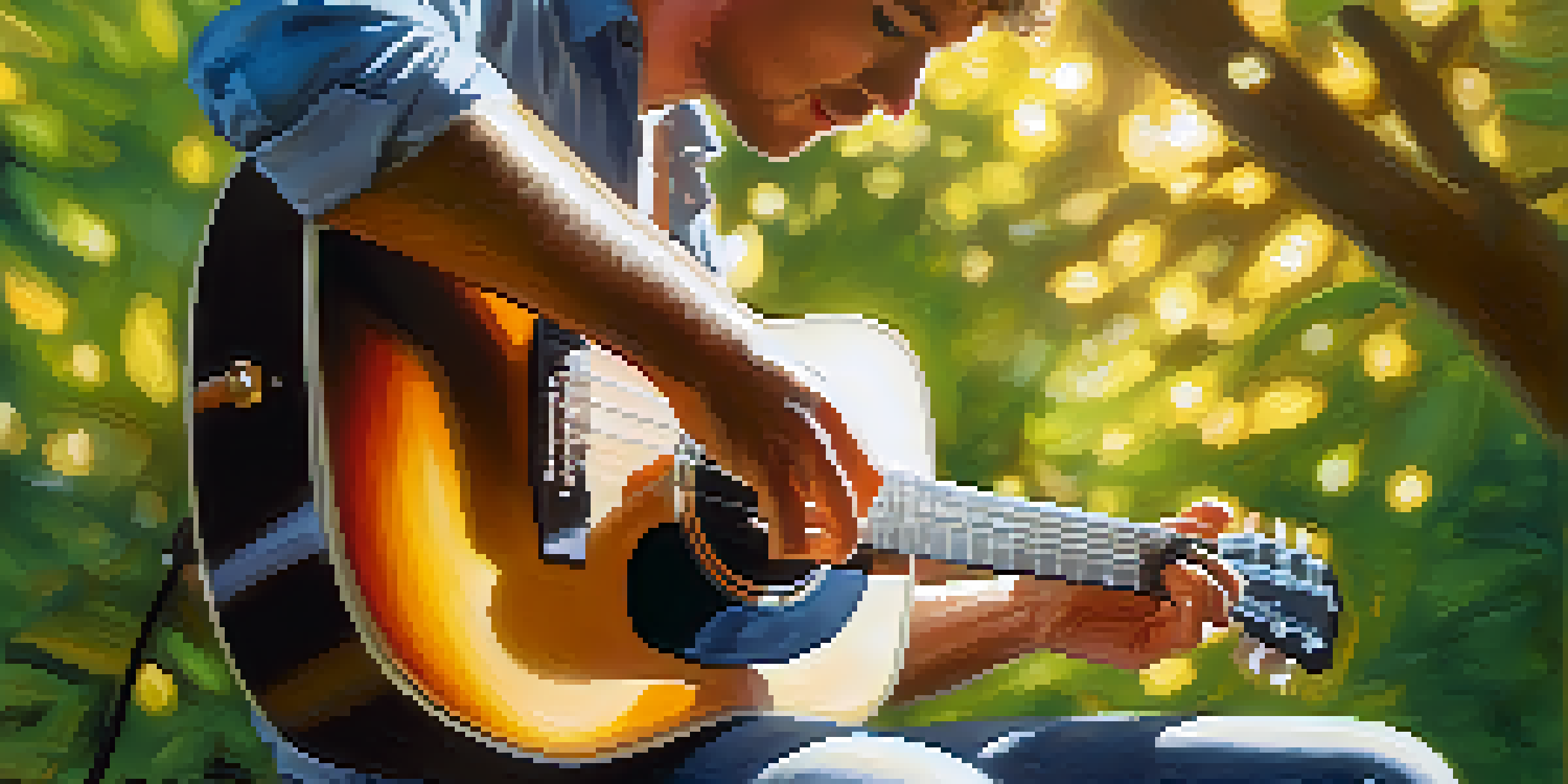 A close-up of a guitarist's hands playing a guitar in a sunlit green park.