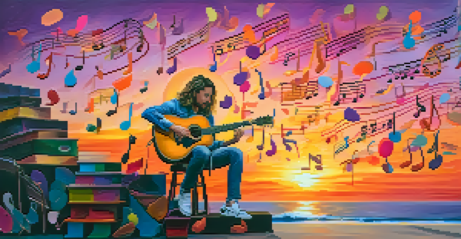 An artist with a guitar surrounded by floating musical notes and a colorful sunset background.