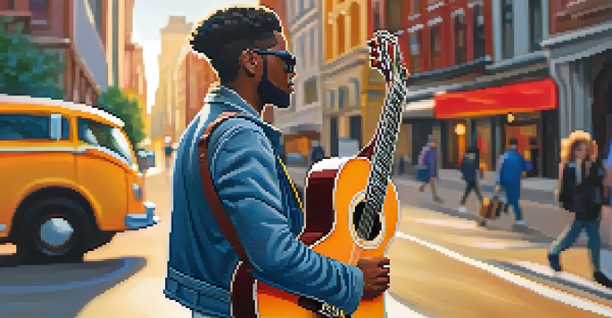 A musician with a gig bag on a lively city street, illuminated by warm golden hour light, showcasing vibrant street art and people around.