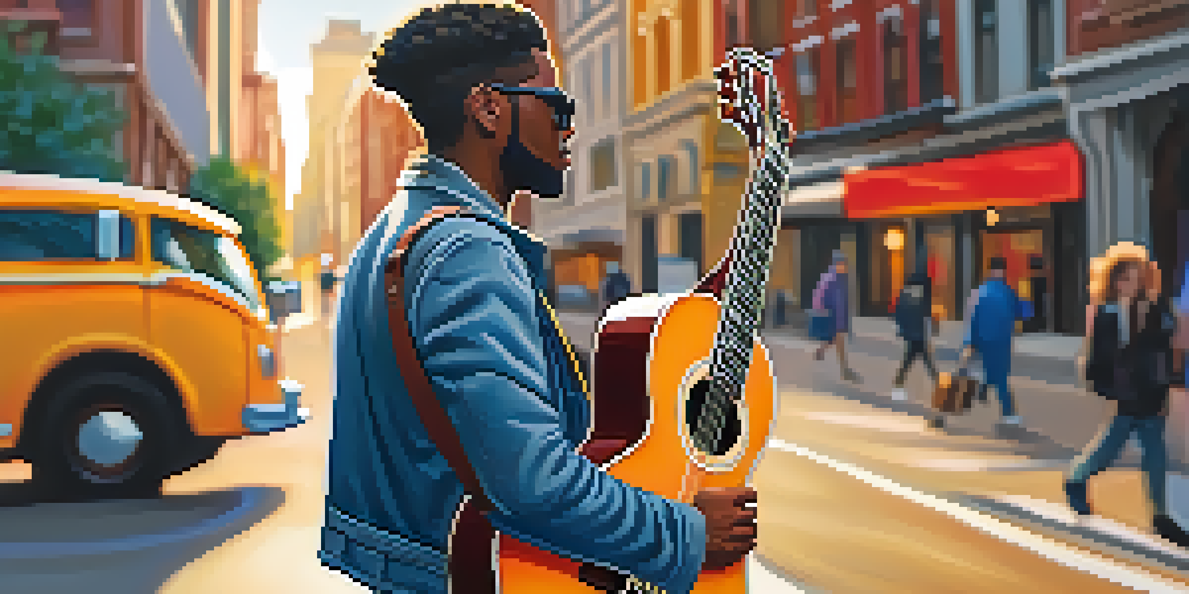 A musician with a gig bag on a lively city street, illuminated by warm golden hour light, showcasing vibrant street art and people around.