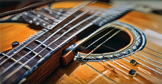 A vintage acoustic guitar on a wooden table with music sheets and a potted plant in the background.