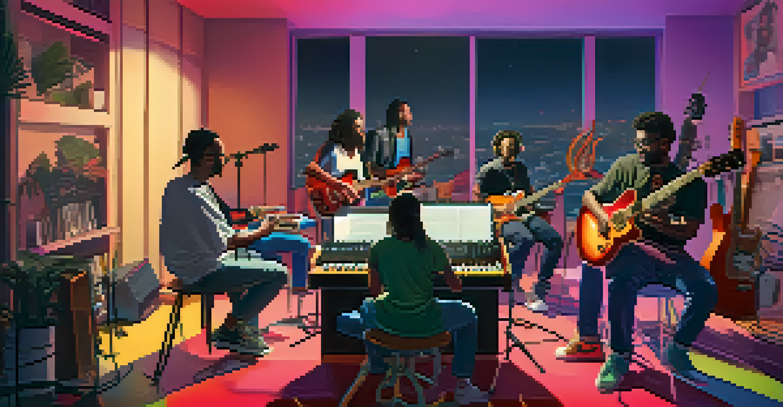Musicians from different locations jamming together in a colorful digital space, connected through soundwaves.