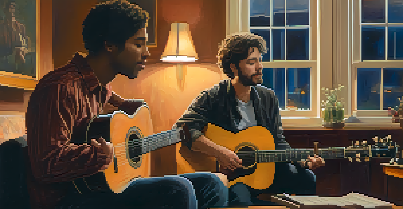 A guitarist and vocalist rehearsing together in a cozy room filled with musical instruments.