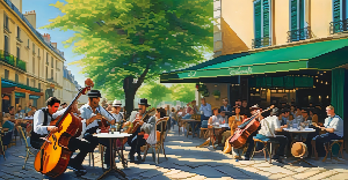 A Gypsy Jazz band performing at a Parisian café with musicians playing guitar, violin, and double bass, surrounded by an audience enjoying the lively atmosphere.