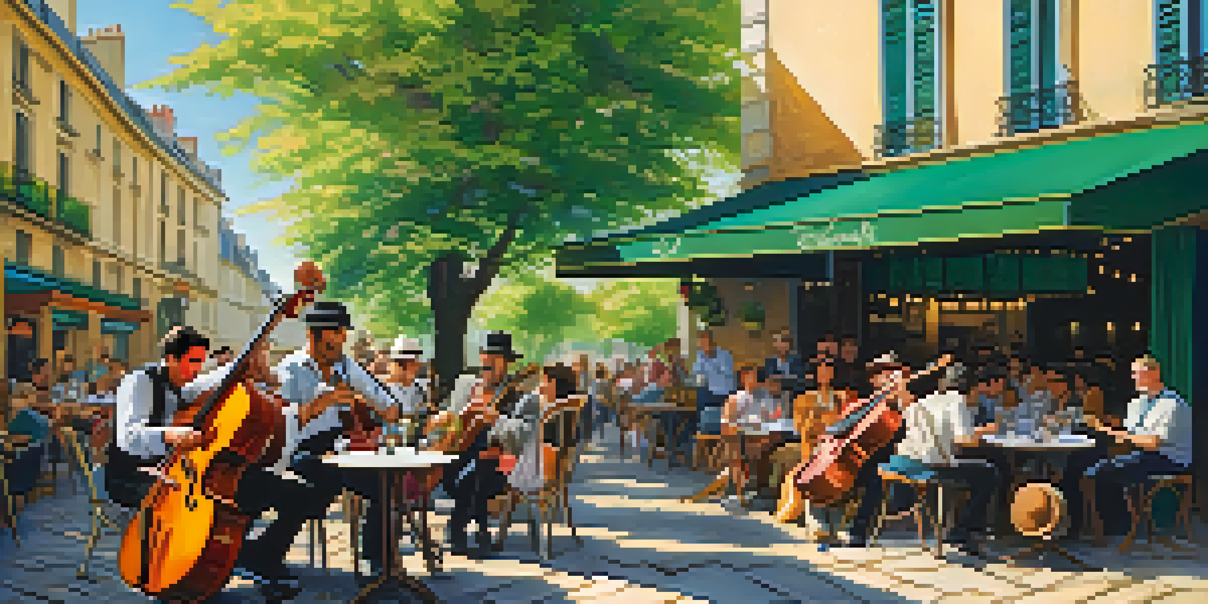 A Gypsy Jazz band performing at a Parisian café with musicians playing guitar, violin, and double bass, surrounded by an audience enjoying the lively atmosphere.