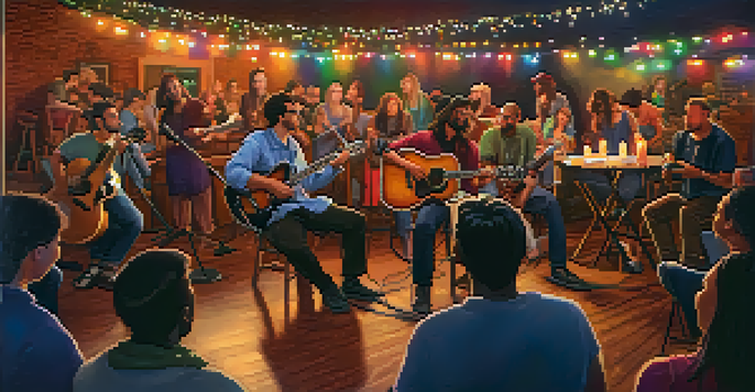 A lively local music event with musicians gathered around an open mic stage, sharing stories and laughter in a warm atmosphere.