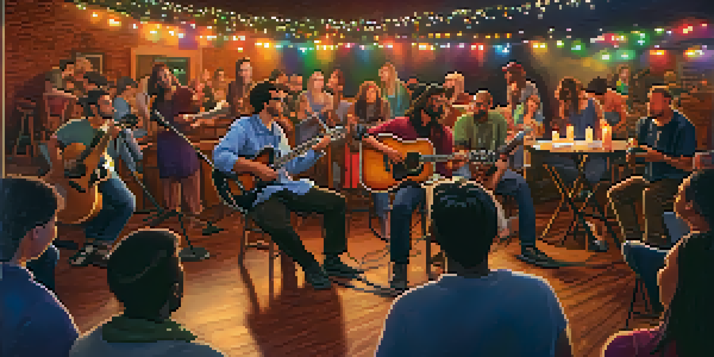 A lively local music event with musicians gathered around an open mic stage, sharing stories and laughter in a warm atmosphere.