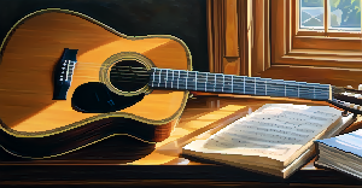 A close-up of an acoustic guitar on a wooden table with sheet music, illuminated by soft sunlight.