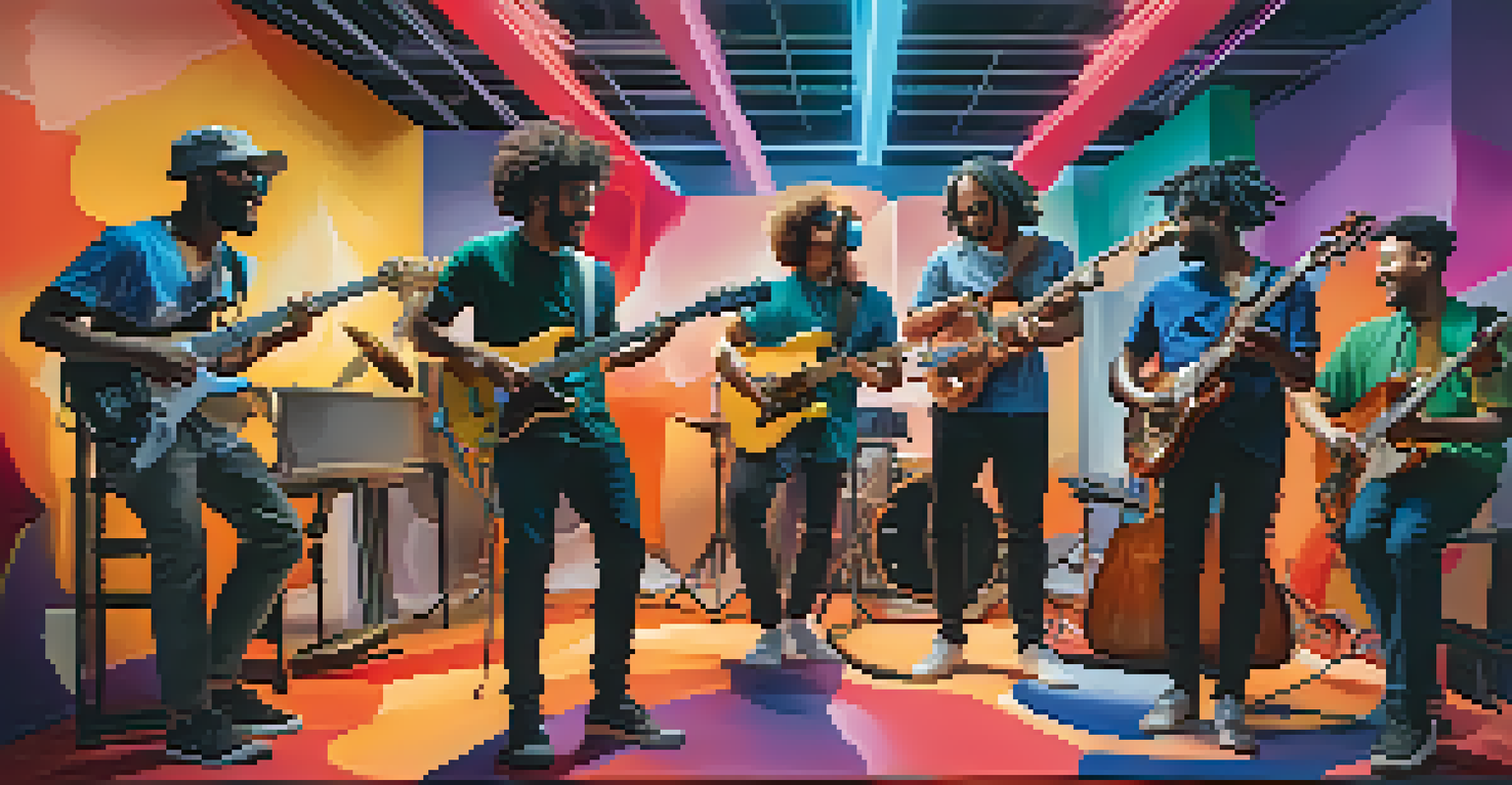 A diverse group of musicians in a virtual reality space, jamming together with dynamic expressions and colorful abstract background.