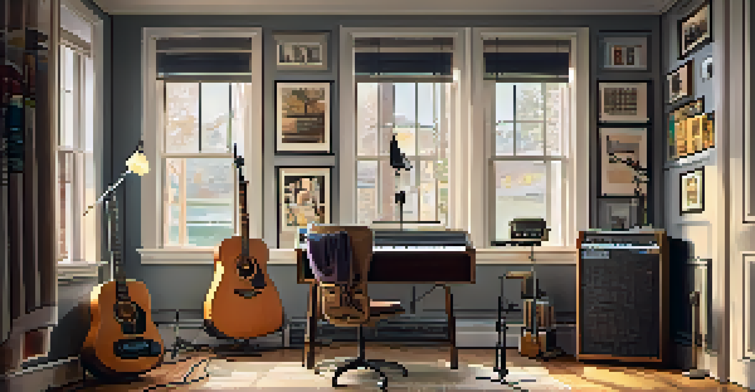 An Audio-Technica AT2020 condenser microphone on a stand in a cozy home studio with acoustic guitars and soft natural light.