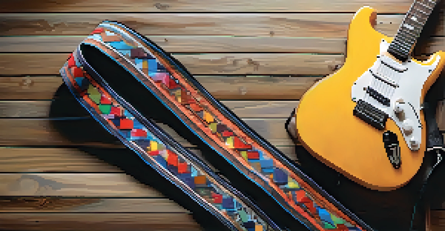 A vibrant cotton guitar strap displayed next to an electric guitar on a rustic wooden surface.