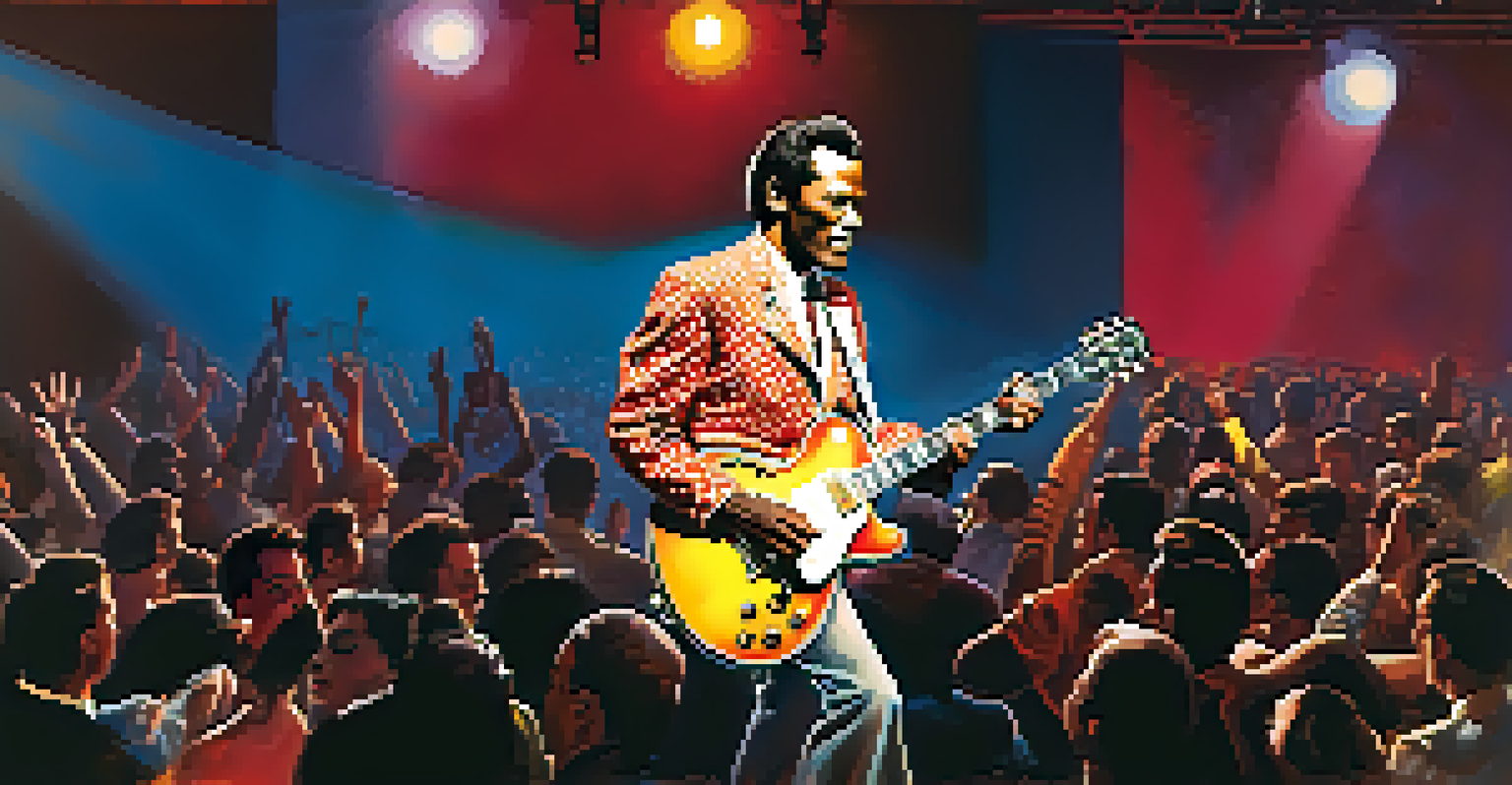 Chuck Berry performing energetically on stage, with bright lights and an engaged audience.