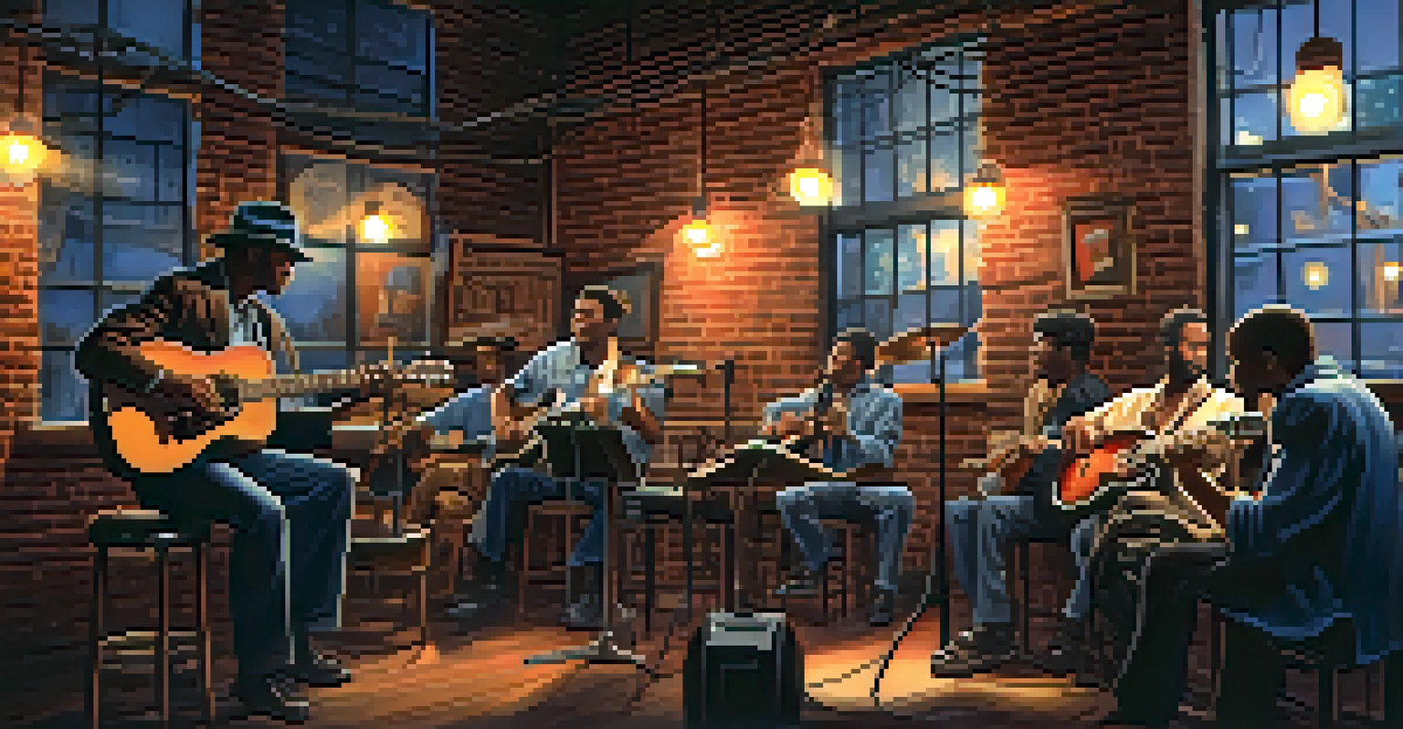 A blues jam session in a dimly lit bar with musicians playing guitar, harmonica, and piano under string lights.