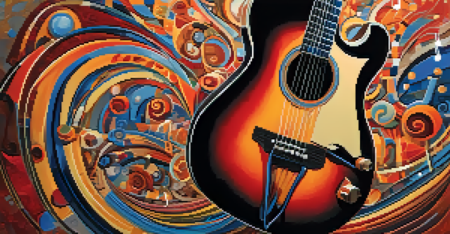 An artistic representation of a guitar surrounded by musical notes and vibrant colors, symbolizing the passion of music.