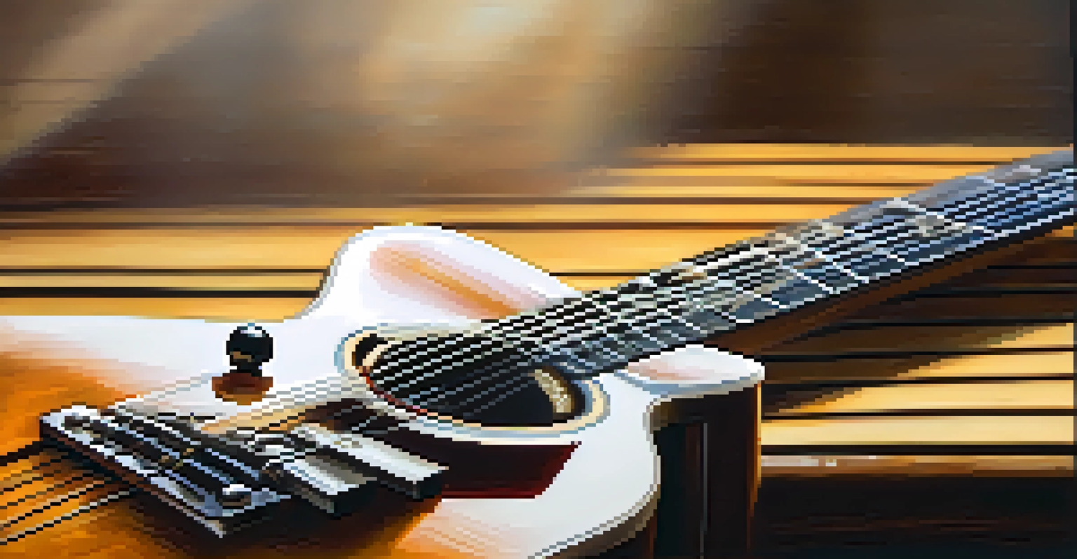 A close-up of a guitar neck with a capo, on a wooden surface, with blurred sheet music in the background.
