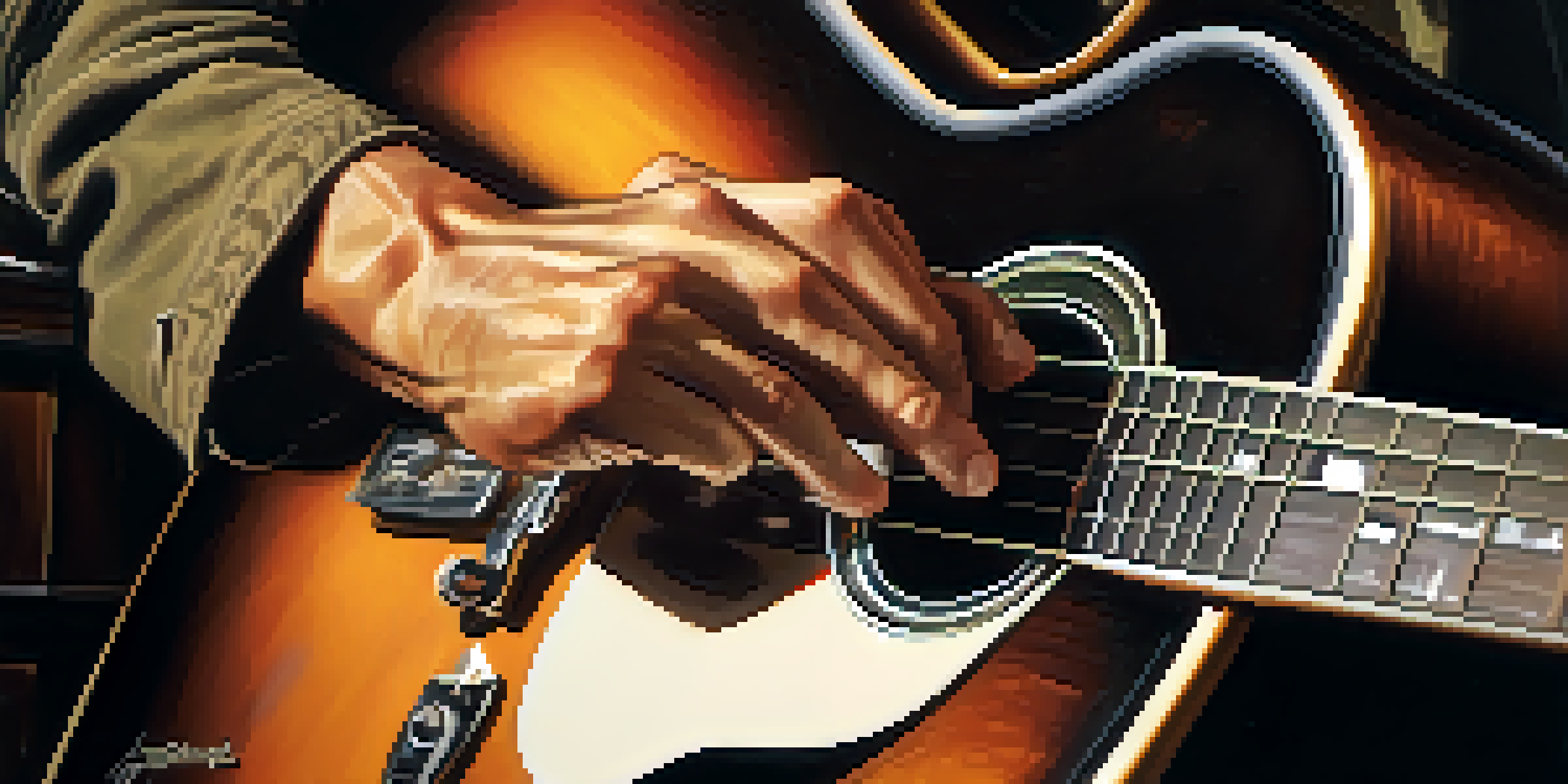 A close-up of a musician's hands playing a slide guitar with a glass slide on one finger, warm lighting enhances the textures of the guitar.