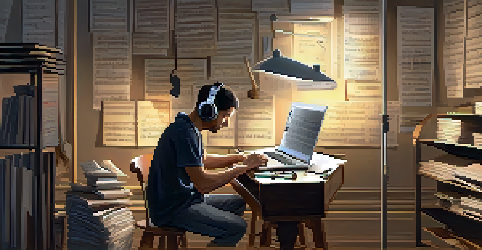 A musician sitting on a stool, focused on transcribing music on a laptop surrounded by instruments.