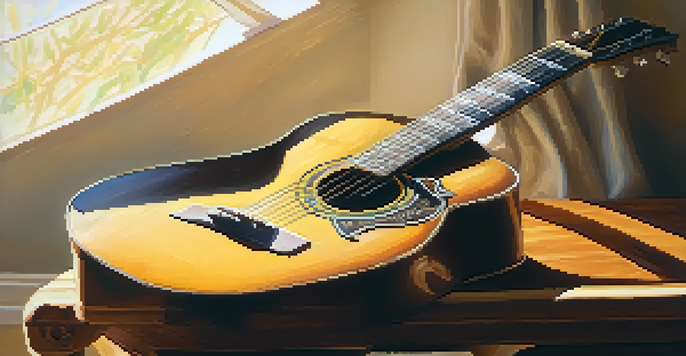 A close-up of an acoustic guitar on a wooden table with sunlight filtering through a window.
