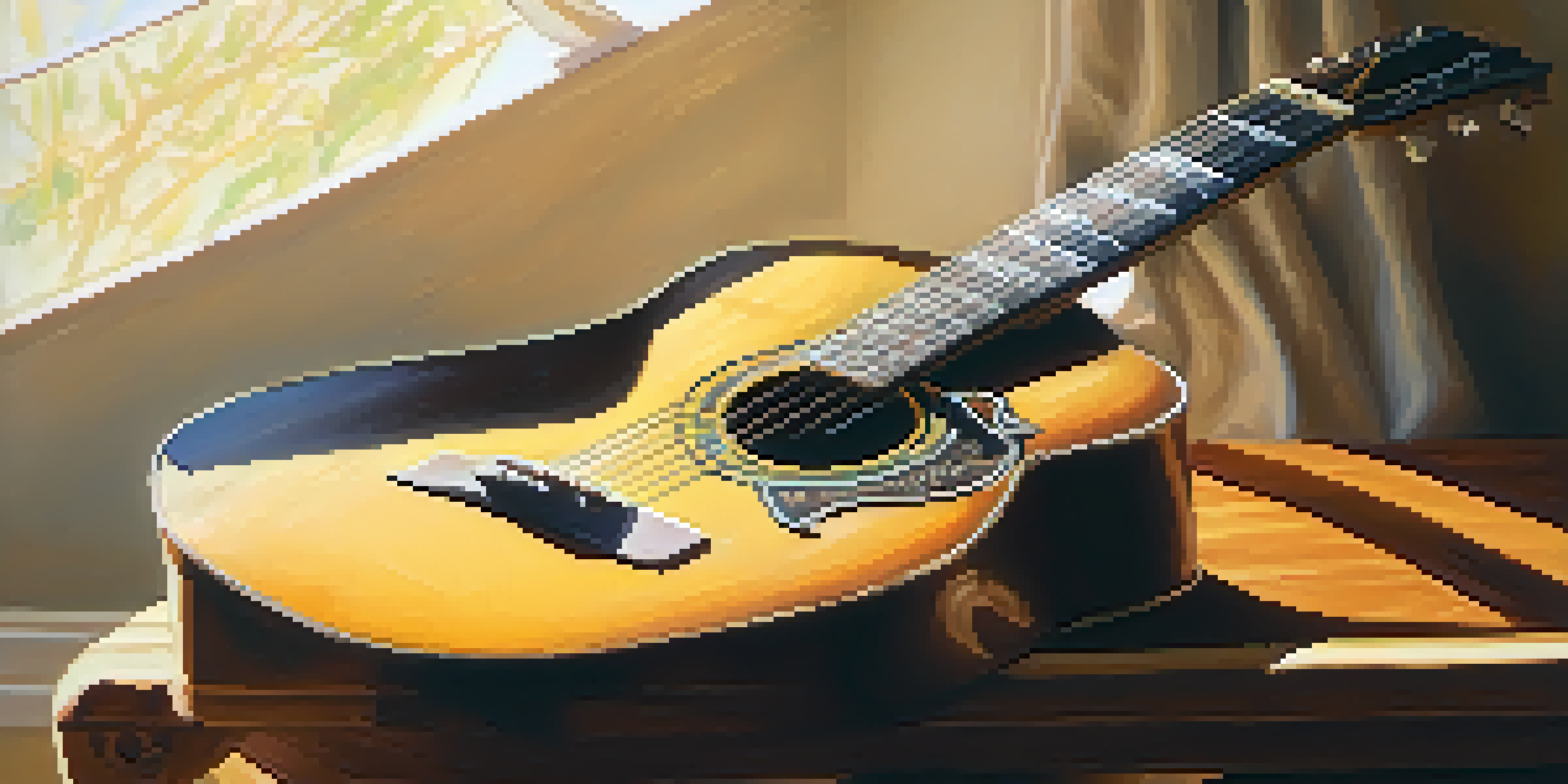 A close-up of an acoustic guitar on a wooden table with sunlight filtering through a window.