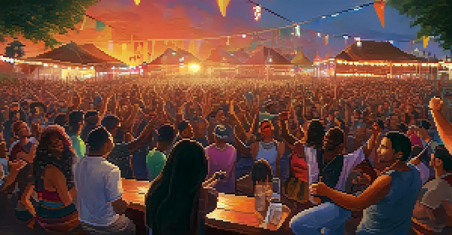 A lively outdoor music festival with musicians performing on stage, promoting social justice themes, under a vibrant sunset sky.