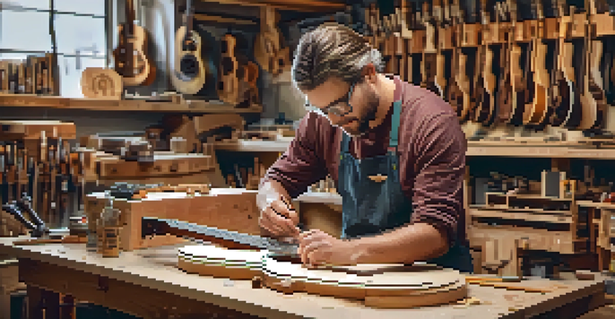 A luthier working in a workshop, creating a custom guitar with various types of wood and tools around.