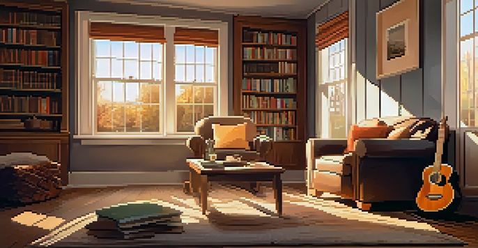 A warm, inviting living room with an acoustic guitar leaning against an armchair, a cup of tea, and books on a table, illuminated by soft natural light.