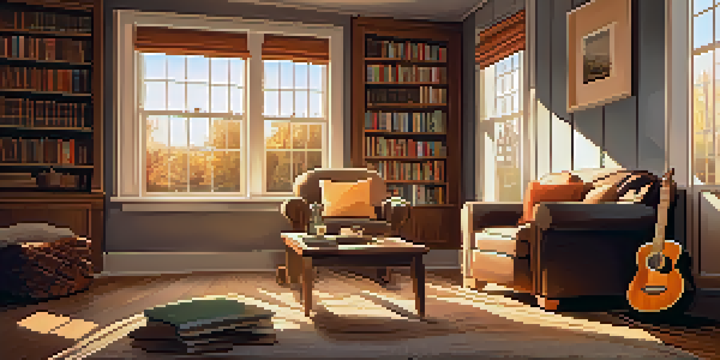 A warm, inviting living room with an acoustic guitar leaning against an armchair, a cup of tea, and books on a table, illuminated by soft natural light.
