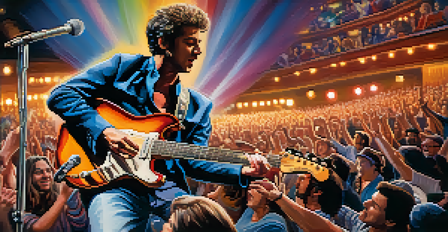 A guitarist performing energetically on stage with vibrant lights and an enthusiastic audience.