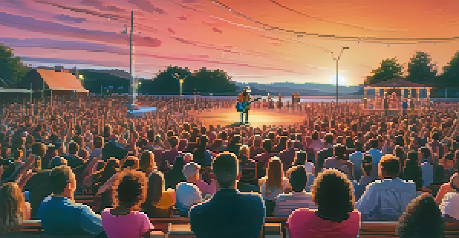 A country musician playing an electric guitar on stage during sunset, with a vibrant sky and an engaged audience.