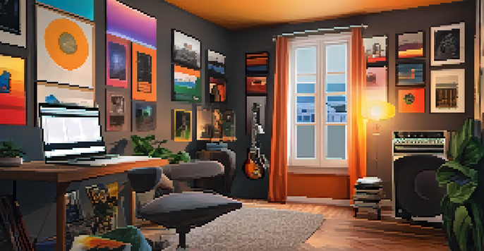 A musician in a cozy home studio playing an acoustic guitar, with a laptop and colorful soundproofing panels.