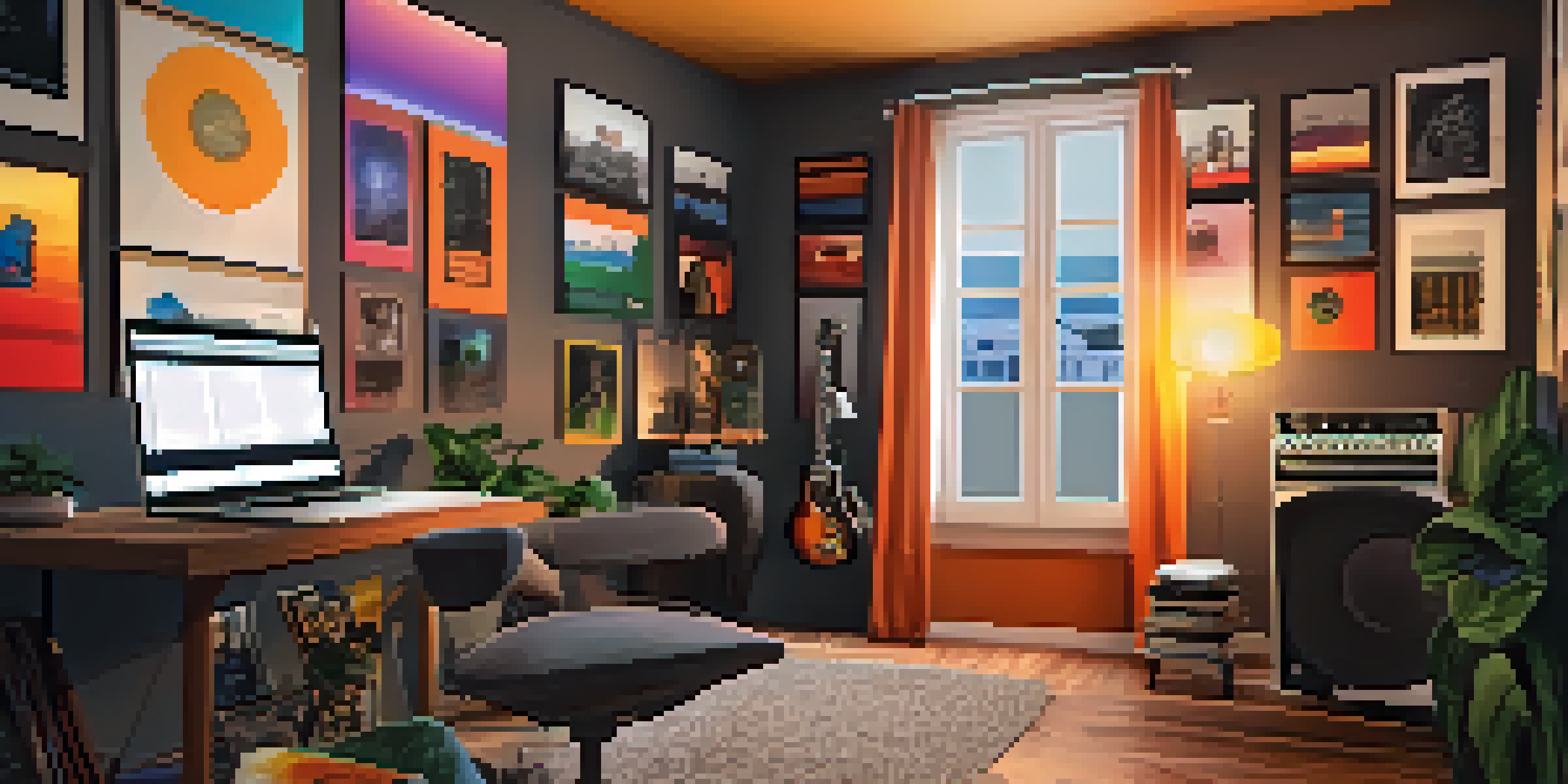 A musician in a cozy home studio playing an acoustic guitar, with a laptop and colorful soundproofing panels.