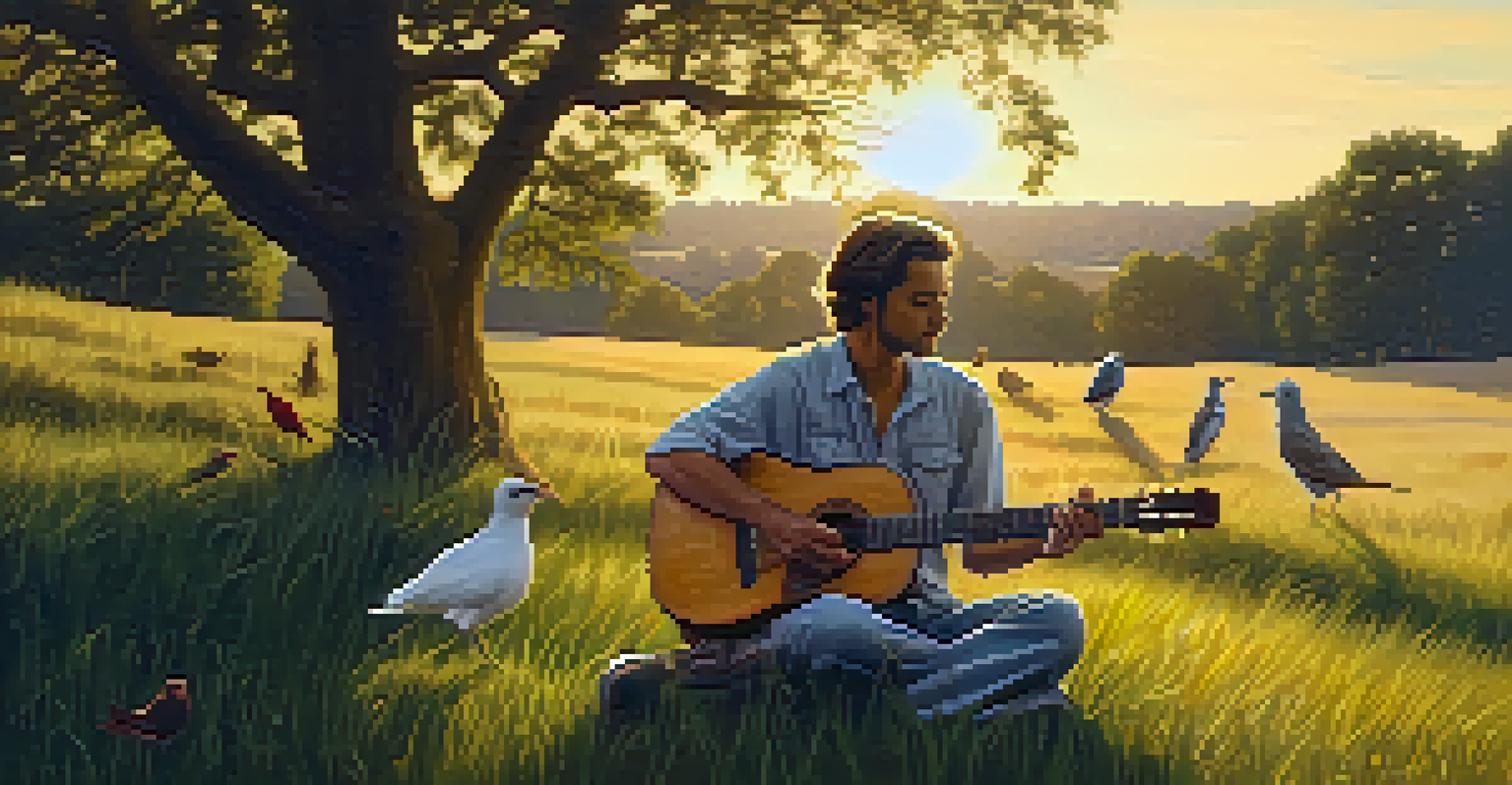 A folk guitarist sitting on a hill, playing guitar as the sun sets, surrounded by nature with birds and trees in the background.