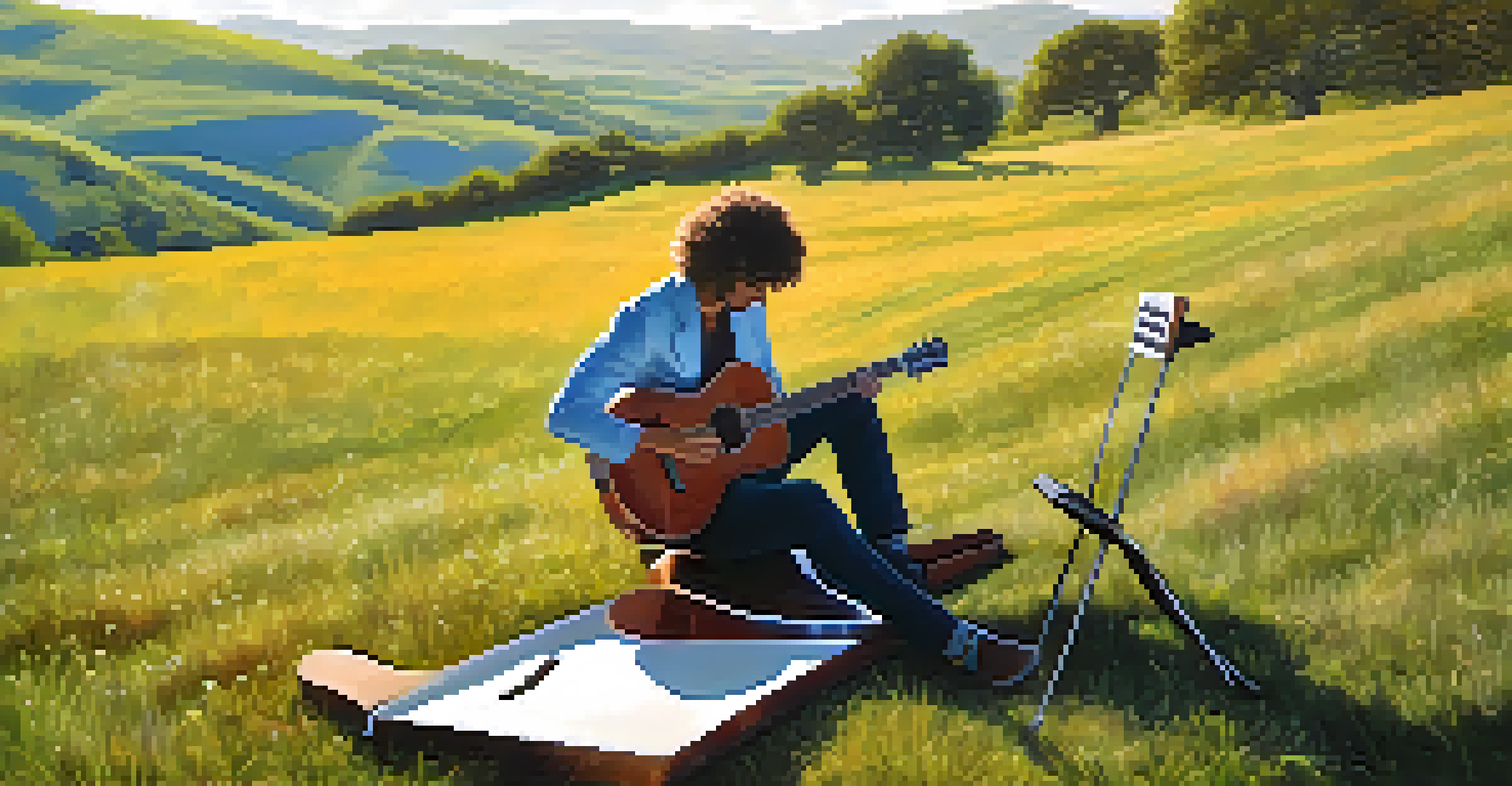 A musician playing a carbon fiber guitar outdoors on a sunny day, surrounded by nature.
