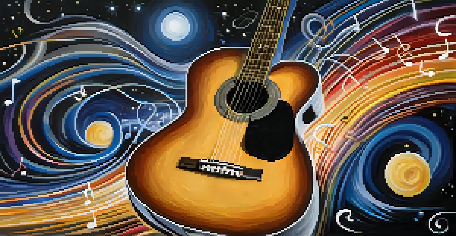 Artistic representation of swirling musical notes around a classic guitar against a starry night sky.