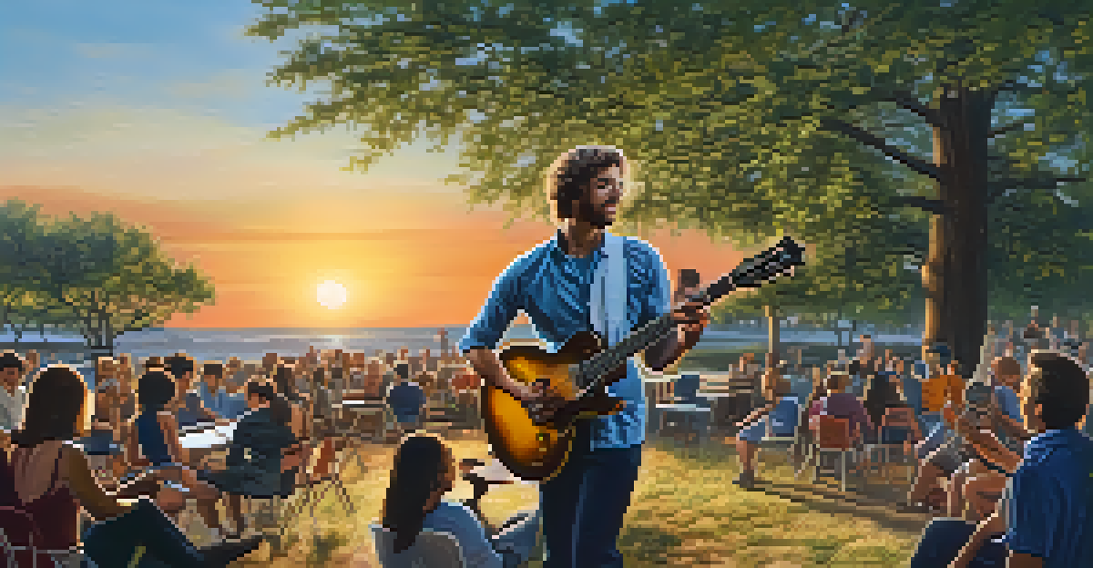 A guitarist performing outdoors with trees and a sunset background, showcasing confident body language and an engaged audience.