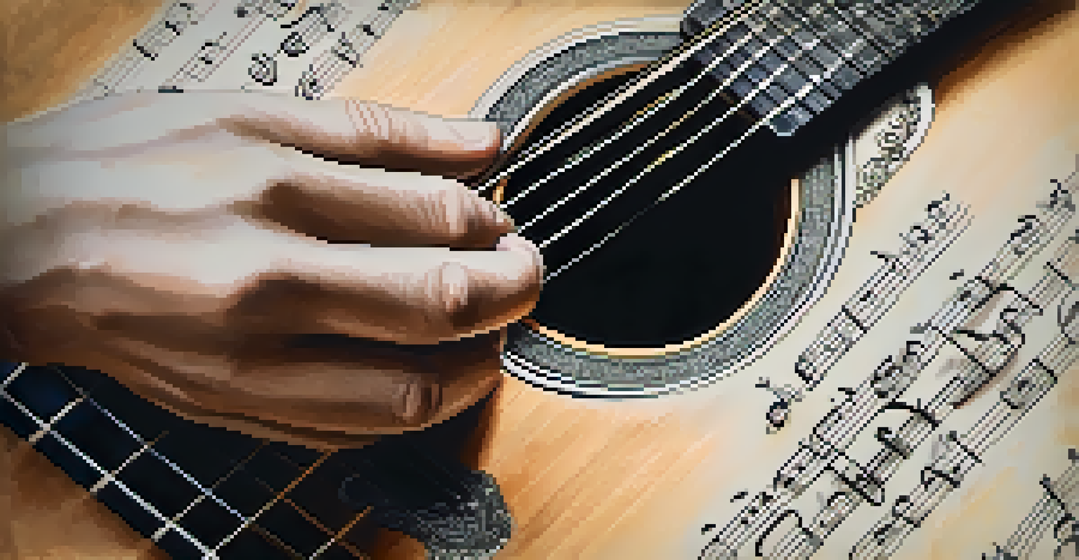 A close-up of a hand playing an acoustic guitar with sheet music and a pen, emphasizing the creative process of songwriting.