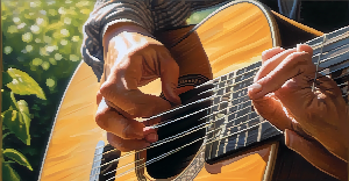 A close-up of a guitarist playing fingerstyle on an acoustic guitar, showcasing the hands and strings in warm sunlight with a blurred green background.