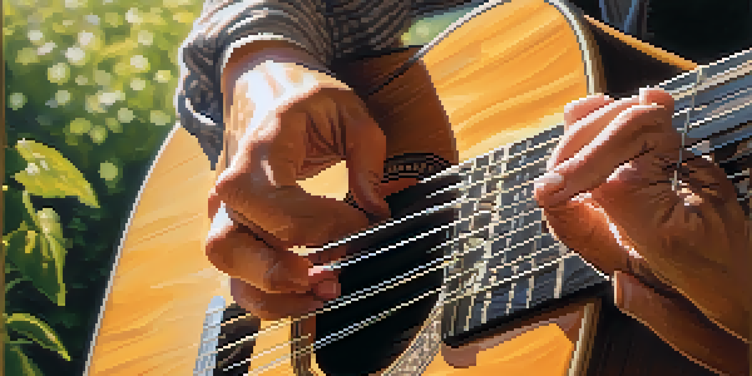 A close-up of a guitarist playing fingerstyle on an acoustic guitar, showcasing the hands and strings in warm sunlight with a blurred green background.