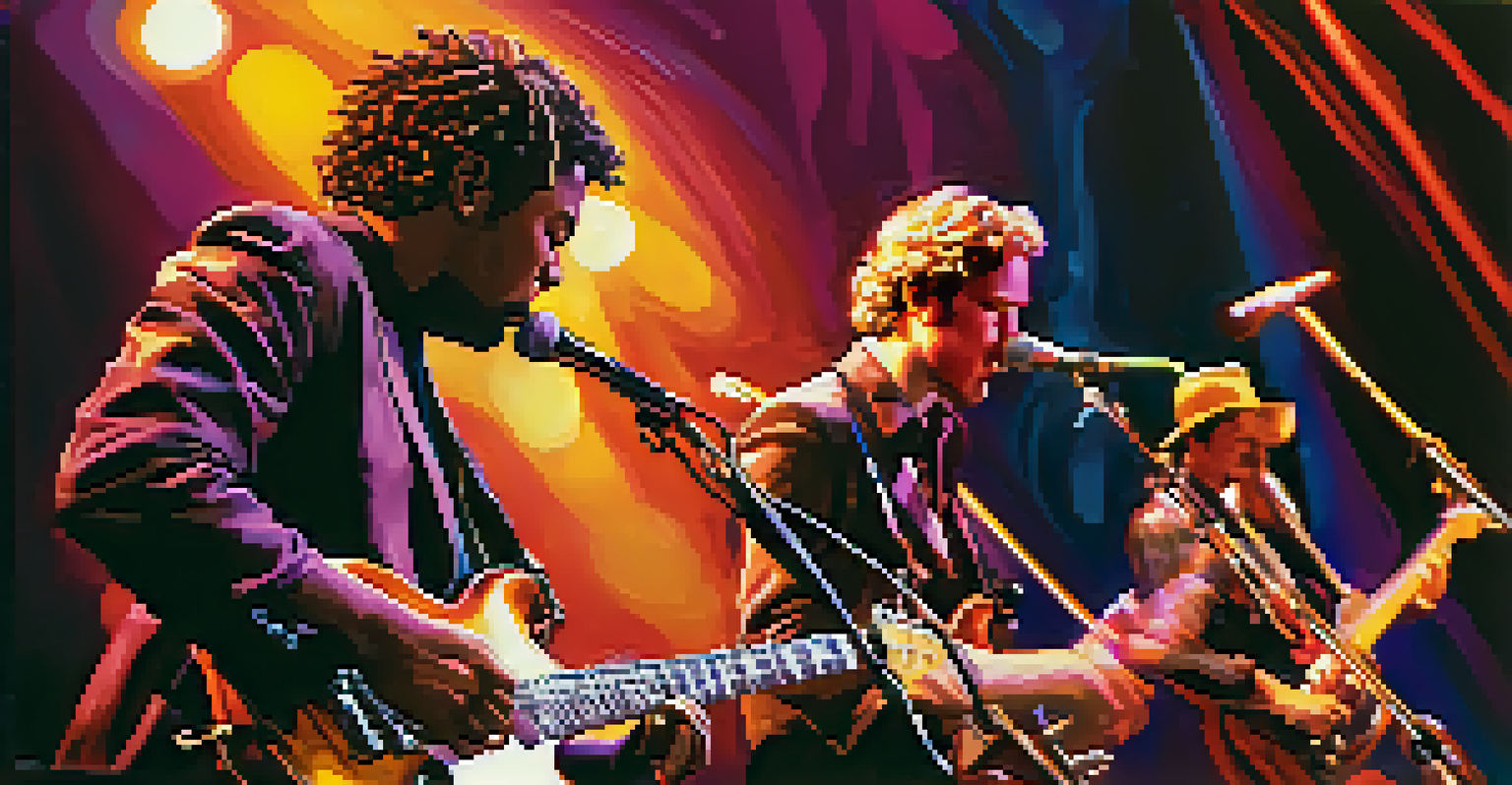 A rock guitarist and a jazz saxophonist improvising live on stage with vibrant colors and lights in the background.