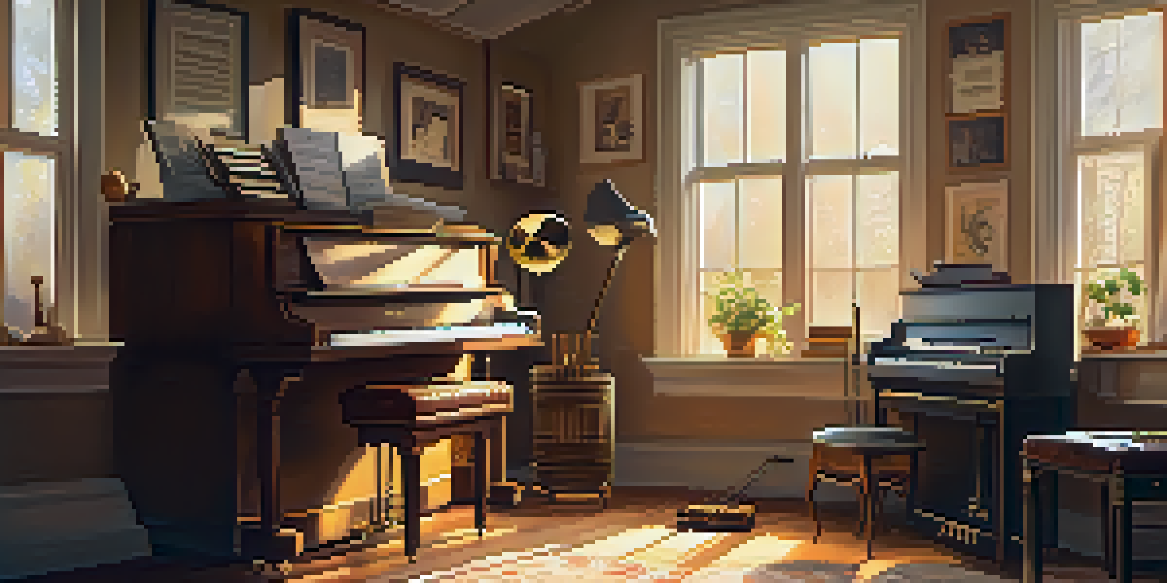 A warm and cozy music studio with various instruments and sunlight streaming through the window.