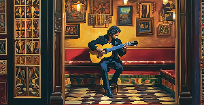 A flamenco guitarist performing in a cozy Spanish tavern, showcasing traditional decor and warm lighting.
