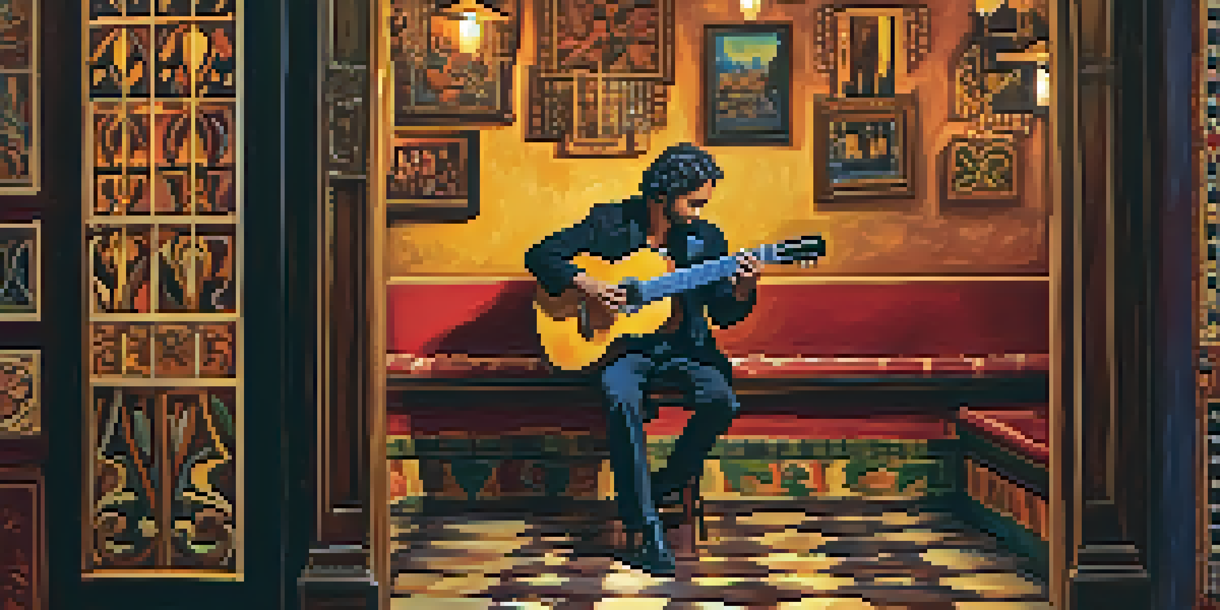 A flamenco guitarist performing in a cozy Spanish tavern, showcasing traditional decor and warm lighting.