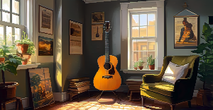 A sunlit room featuring a wooden guitar, vintage chair, musician posters, and a plant, illuminated by warm golden light.